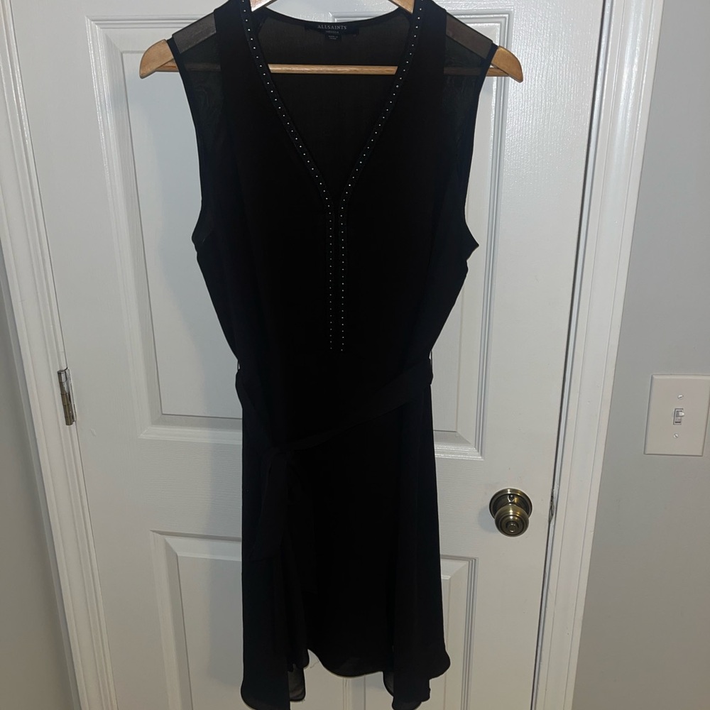AllSaints Black Sheer Detail Embellished Neckline Knee Length Dress w/ Belt, Med